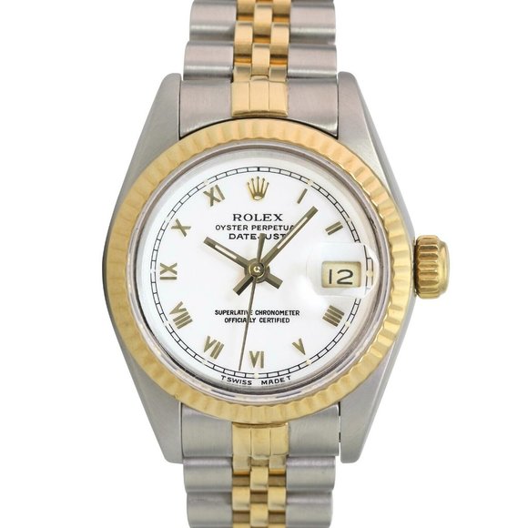 ROLEX DATEJUST WHITE ROMAN DIAL 18K GOLD FLUTED JUBILEE TWOTONE WATCH 26MM 69173 - Picture 10 of 13